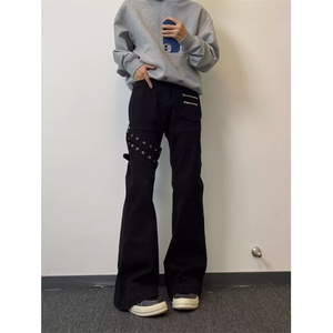黑色vibe绑带微喇牛仔裤男cleanfit美式高街修身裤子LA5466-P53图片