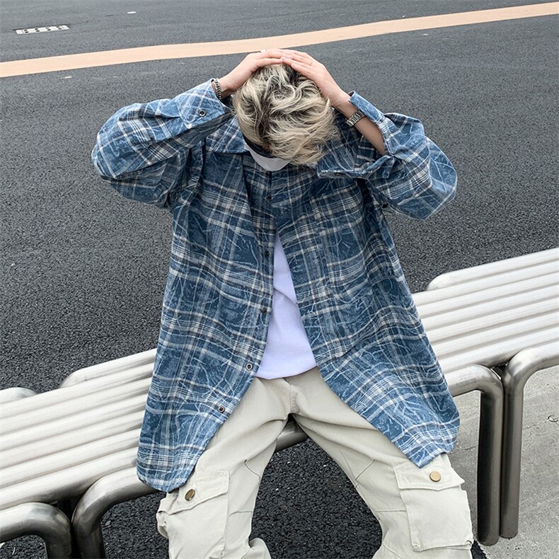 新款美式水洗复古设计感格子衬衫长袖男宽松休闲百搭衬衣,男装衬衫,星座410-6（原星座1304-1）