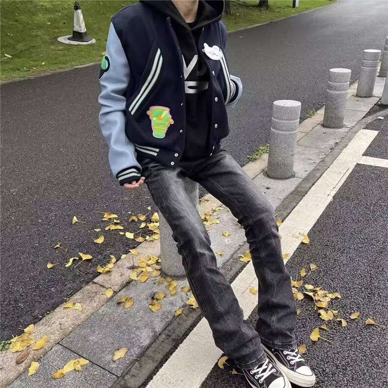 美式vibe风水洗猫须牛仔裤男秋冬高街修身窄版直筒裤子高腰微喇裤图片