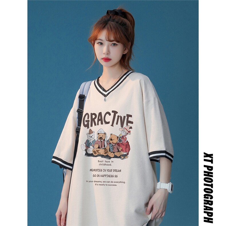 中性春夏新款宽松复古卡通印花撞色螺纹短袖T恤女T6878P40控58,男装T恤,电商A268