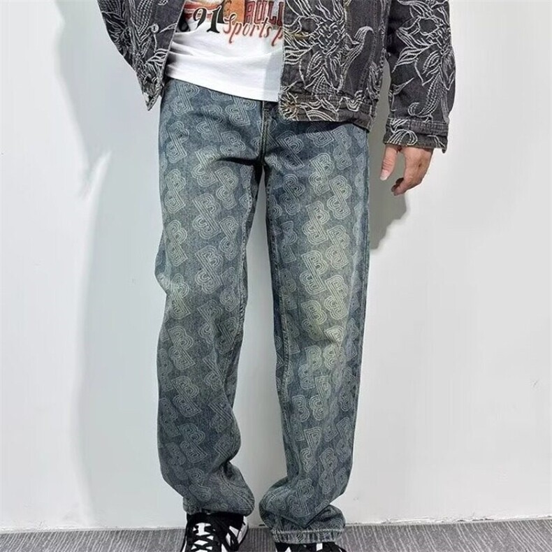 花色个性牛仔裤男款时尚百搭宽松阔腿裤子男士潮牌美式垂感休闲裤,男装休闲裤,星座218-1（原230）
