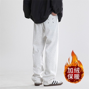 美式重磅黑色卫裤男款春秋冬季加绒加厚宽松直筒大码男生休闲裤子图片