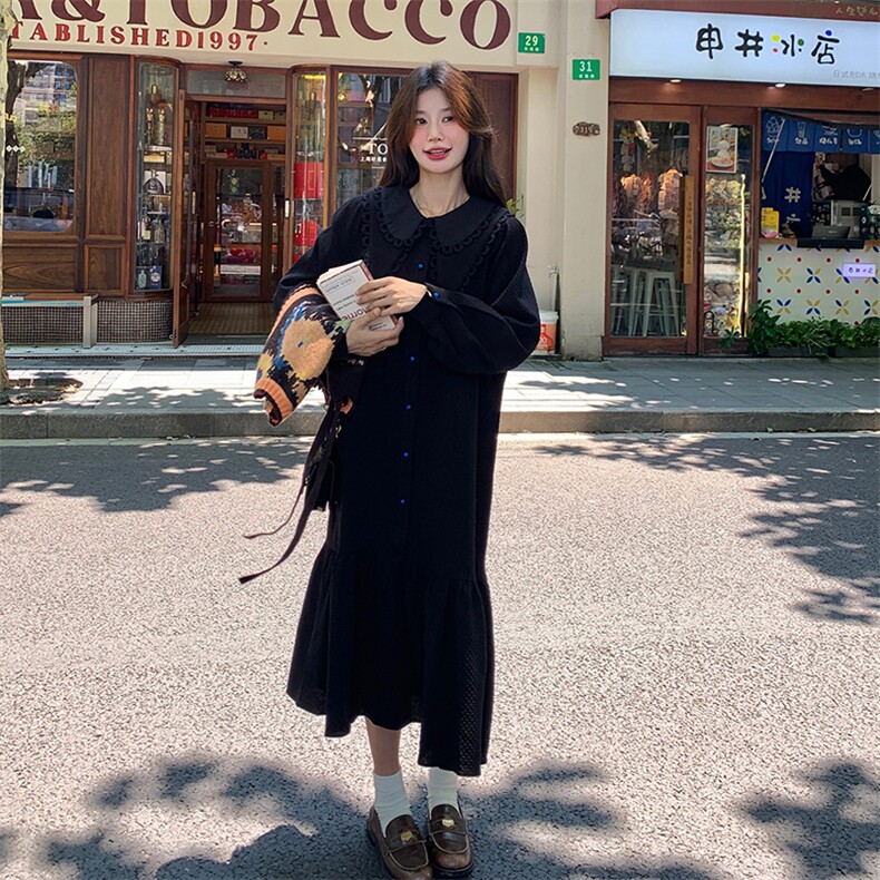 慵懒松弛感娃娃领黑色衬衫裙女春秋2025新款今年流行的直筒连衣裙,女装连衣裙,C位