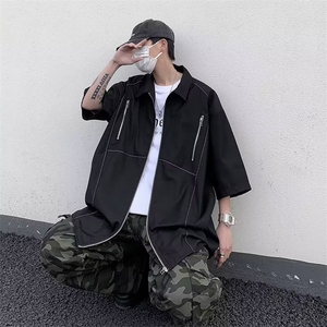 美式设计感短袖衬衫男夏季宽松痞帅拉链工装衬衣上衣潮C2710-p38图片