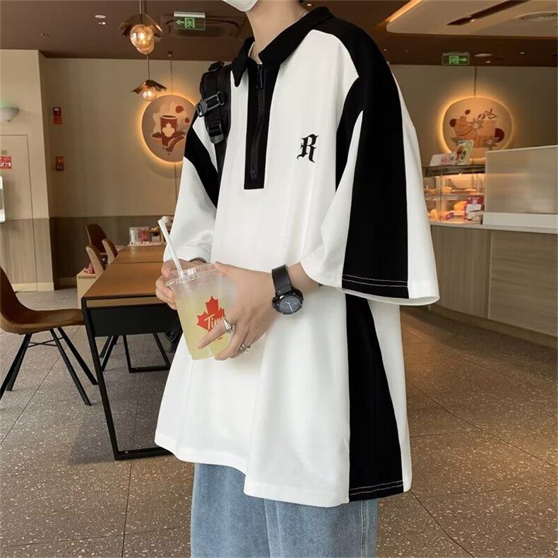 美式polo衫短袖t恤男夏季新款bf宽松拼接情侣上衣1008-WLC233-P40,男装T恤,星座1008