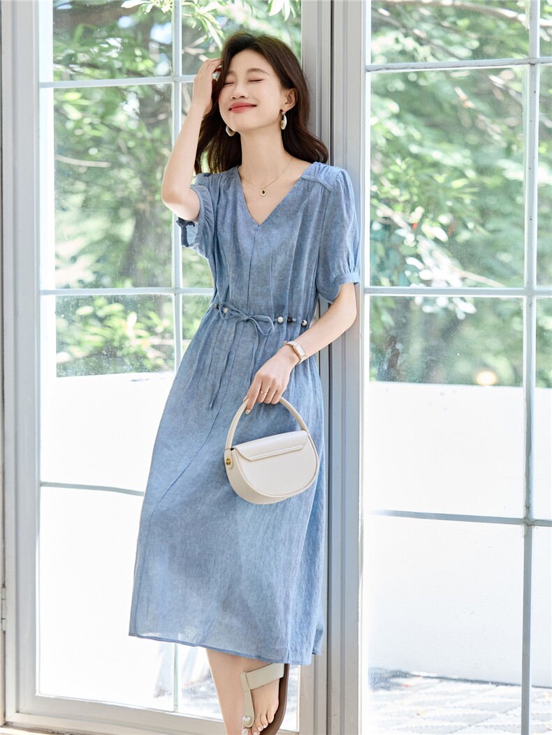 天丝亚麻连衣裙女2025夏季新款宽松V领高级感爆款中长款薄裙子,女装连衣裙,素月