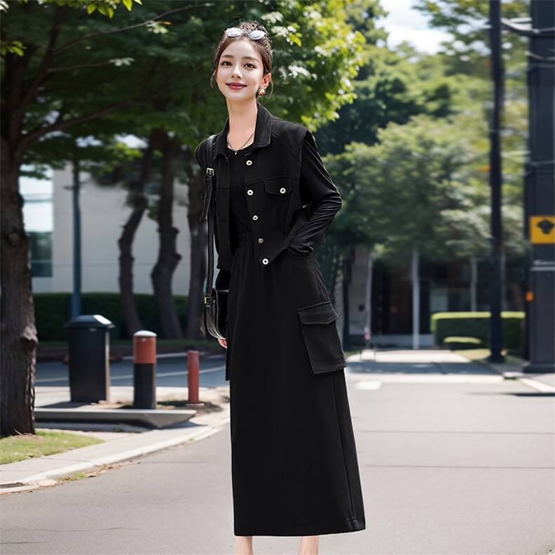 2024新款秋季时尚马甲半身裙内搭T恤三件套洋气减龄套装,女装套装/套裙,流量+
