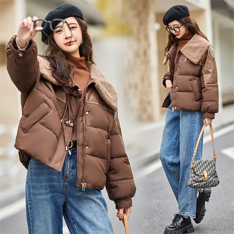 现货2023年冬季新款羊羔绒PU皮拼接加厚羽绒服大翻领宽松短外套女,女装羽绒服,仟媚宠