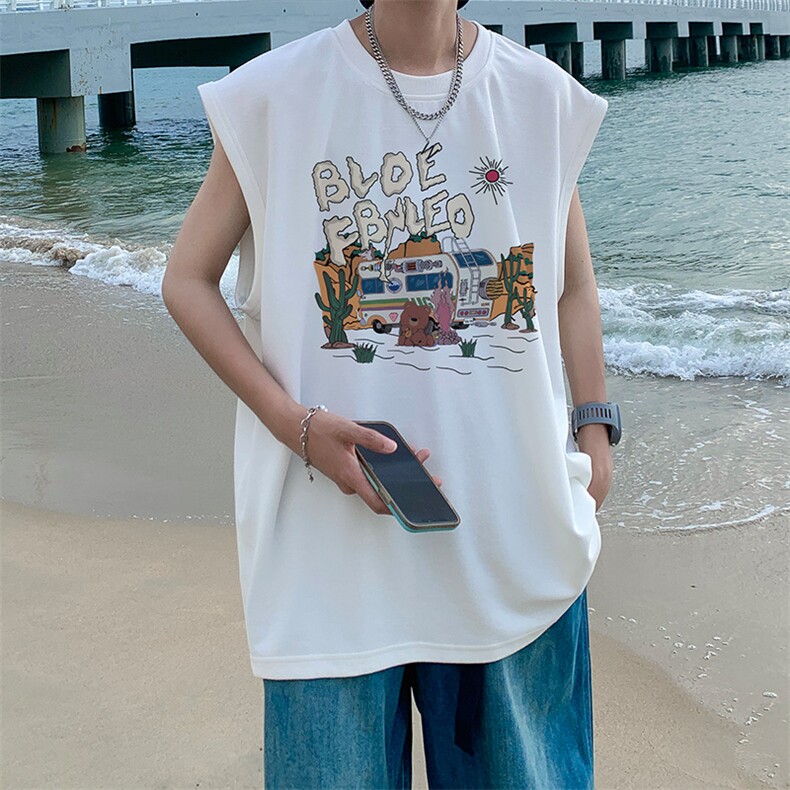 抖音供货、200克现货全棉印花背心宽松无袖T恤D223A-BX2305-P25,男装背心/马甲,电商019-1