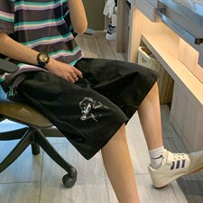 港风男夏季直筒松紧腰休闲小熊速干运动短裤，男装牛仔裤，电商D321-1