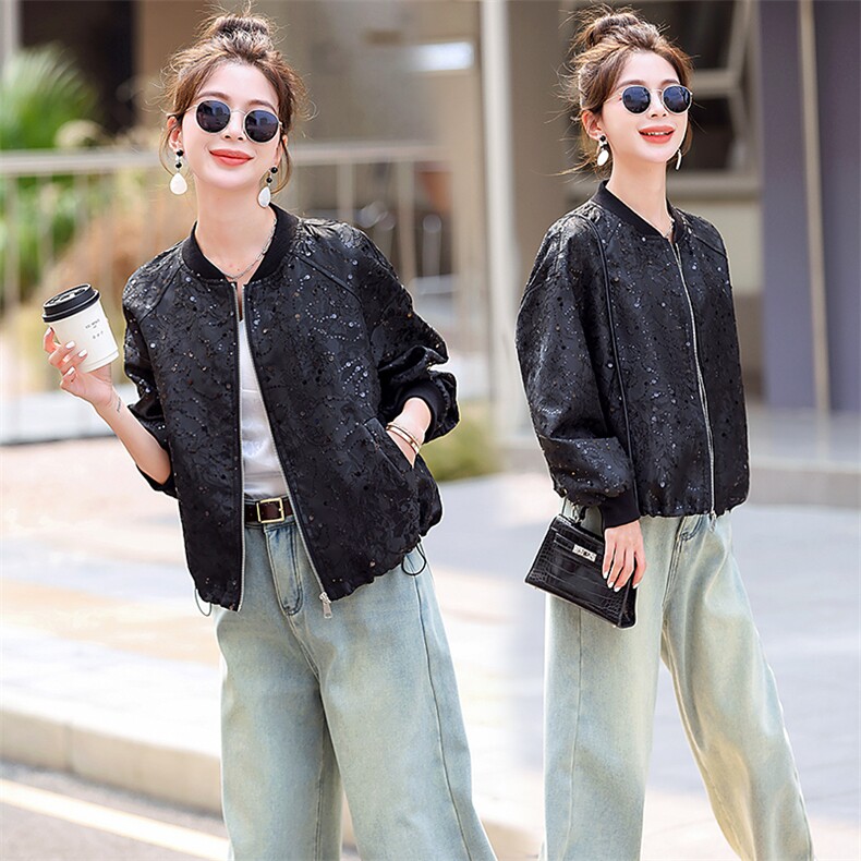 2026春装新款小个子显高上衣短款韩系洋气亮片黑色宽松外套女，女装短外套，美沁