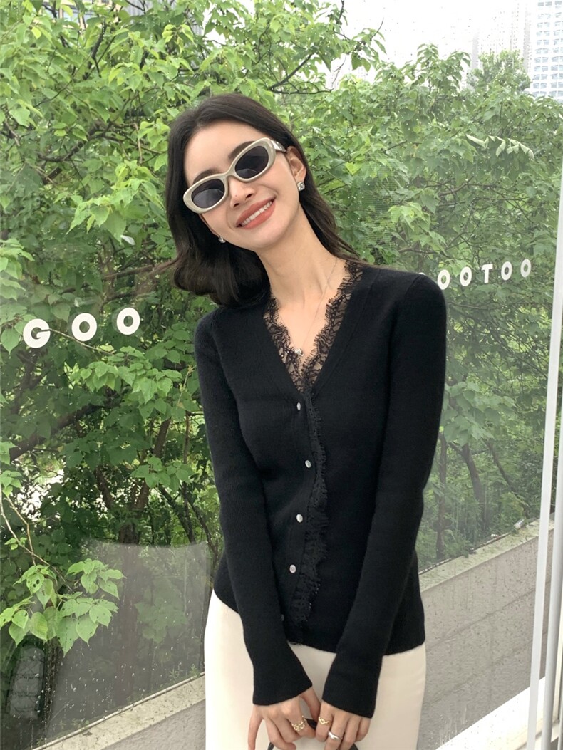 秋冬新款v领蕾丝边衫女修身开衫上衣针织衫,针织衫/毛衣,玛卡隆羊绒