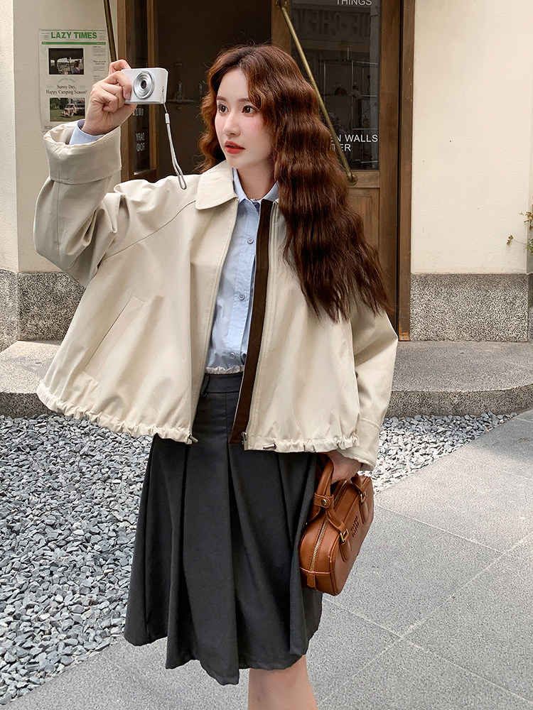 米色韩系休闲翻领外套女2025秋季新款小个子宽松百搭显瘦夹克上衣,女装短外套,浙宝305