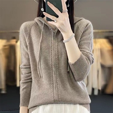 双拉链休闲连帽100纯羊毛开衫女宽松外套春秋绿色针织衫羊绒帽衫，女装针织衫/毛衣，萱芳婷羊绒