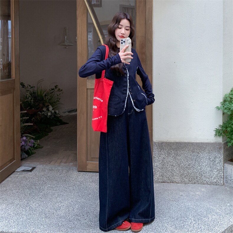 初秋穿搭无袖马甲阔腿裤牛仔套装女春秋季2025新款高级感洋气时尚,女装套装/套裙,2D076