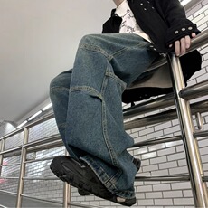 YF1046男生穿搭高级感牛仔裤小众设计感宽松直筒裤欧美痞帅长裤，男装牛仔裤，星座308A-1（原309B-1）