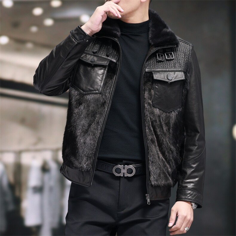 BIJ2505冬季海宁真皮羽绒服男山羊皮夹克翻领时尚男装机车皮衣,男装夹克,电商B360
