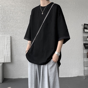 T10137-特批33  控68 开口笑高品质夏季大码短袖破洞潮流百搭T恤图片
