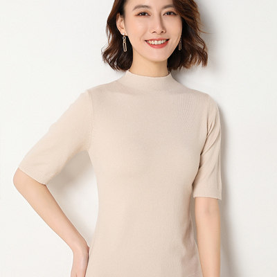 25春夏新款圆领五分袖套头羊绒短袖毛衣女宽松半袖针织打底衫薄款,针织衫/毛衣,鄂维那特