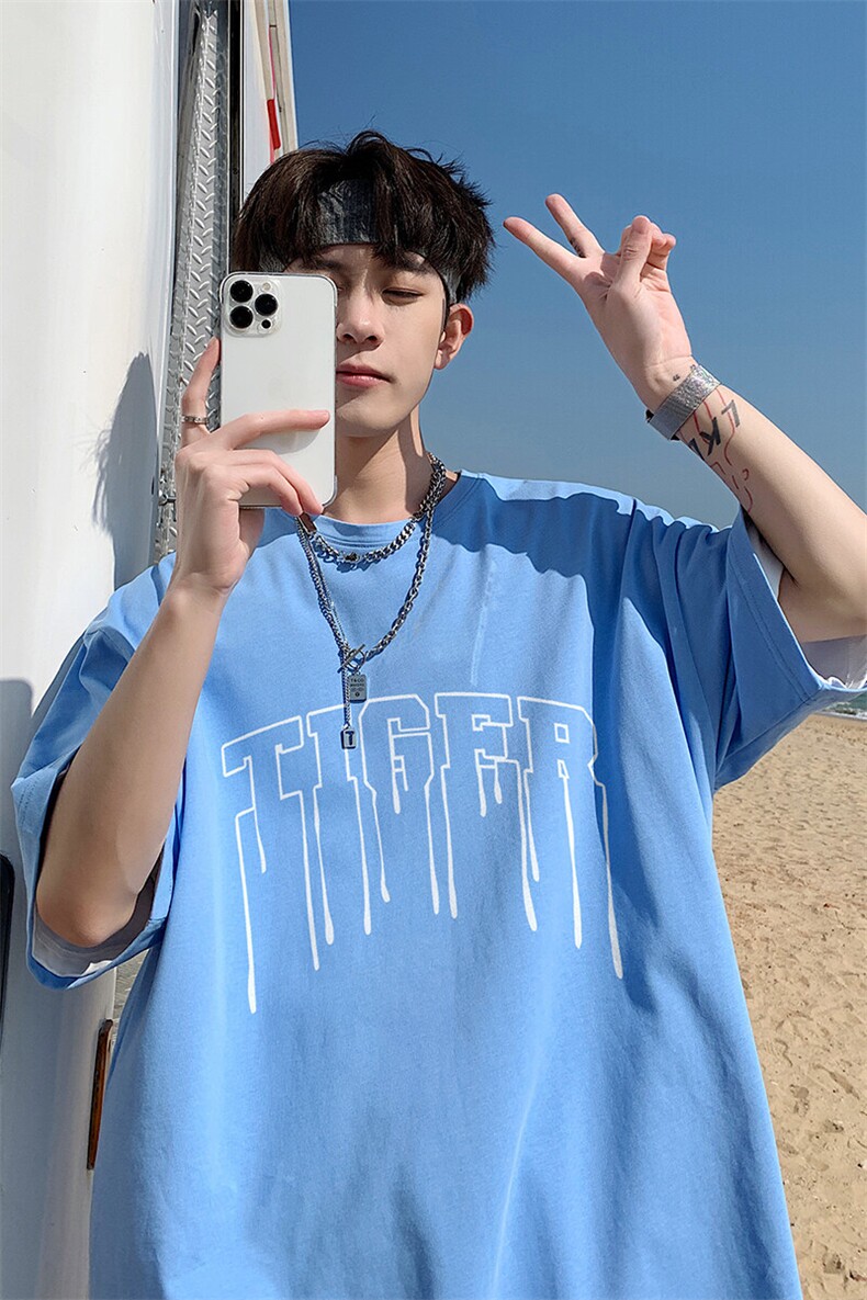 得物品质纯棉重磅潮牌潮流青少年宽松圆领短袖T恤B219-Y318-P25,男装T恤,电商B219