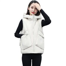 2020冬季拉链无袖直筒纯色连帽休闲口袋装饰棉马甲，女装棉衣/棉服，微微衣阁