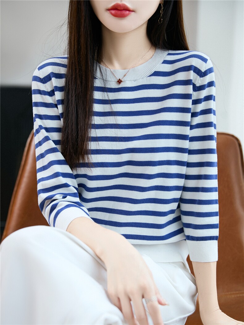 100%纯棉针织七分袖T恤女圆领条纹拼色中袖宽松棉麻短袖打底上衣,针织衫/毛衣,长今羊