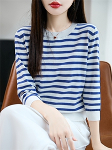 100%纯棉针织七分袖T恤女圆领条纹拼色中袖宽松棉麻短袖打底上衣图片