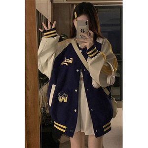 复古条纹撞色棒球服女潮牌宽松春秋插肩袖外套夹克 JK005图片