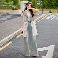 现货牛仔轻熟风通勤气质套装女2026夏季马甲上衣阔腿裤两件套，女装套装/套裙，艾仟回(原伊仟回)