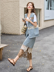 2025夏季新款美式气质时尚蕾丝拼接无袖坎肩马甲+镂空高腰裙套装，女装套装/套裙，橙子家