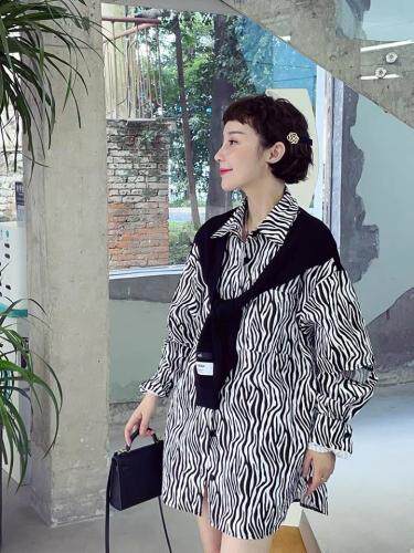 斑马条纹拼接假二件套衬衣裙，其它，转角爱尚