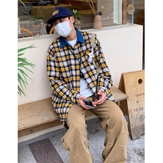 美式复古格纹宽松休闲长袖衬衫男女百搭撞色衬衣外套秋C177，男装衬衫，星座1116A（原606A-3）