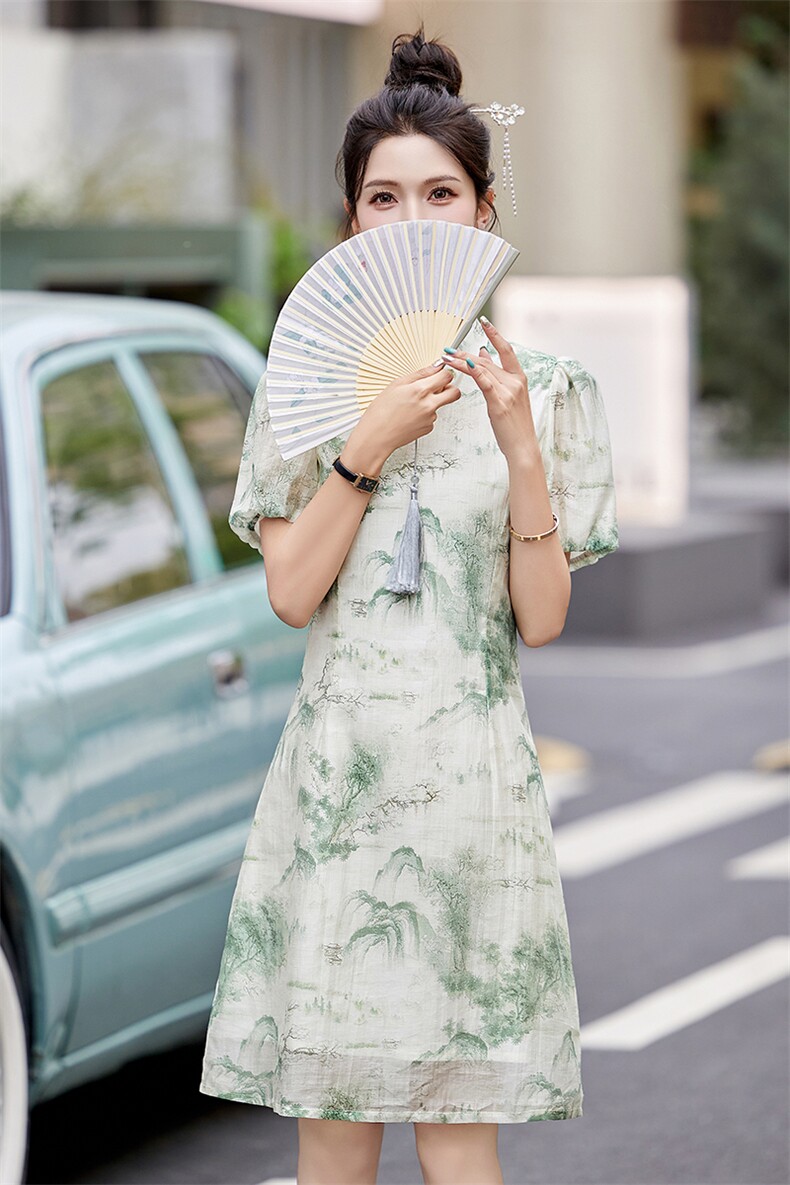 现货2024改良旗袍连衣裙年轻款女夏季新中式高级感禅意碎花裙,商品下架区,然然
