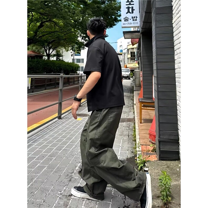 美式复古军绿色弯刀工装裤男款秋季水洗纯棉裤子阔腿直筒休闲长裤，男装棉裤，星座1001-1