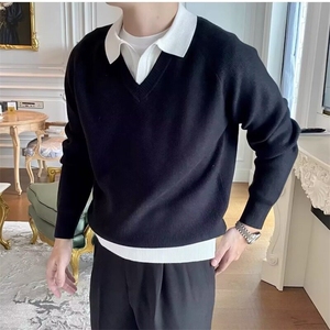 S608复古休闲假两件毛衣男个性翻领拼接POLO衫韩版宽松撞色针织衫图片
