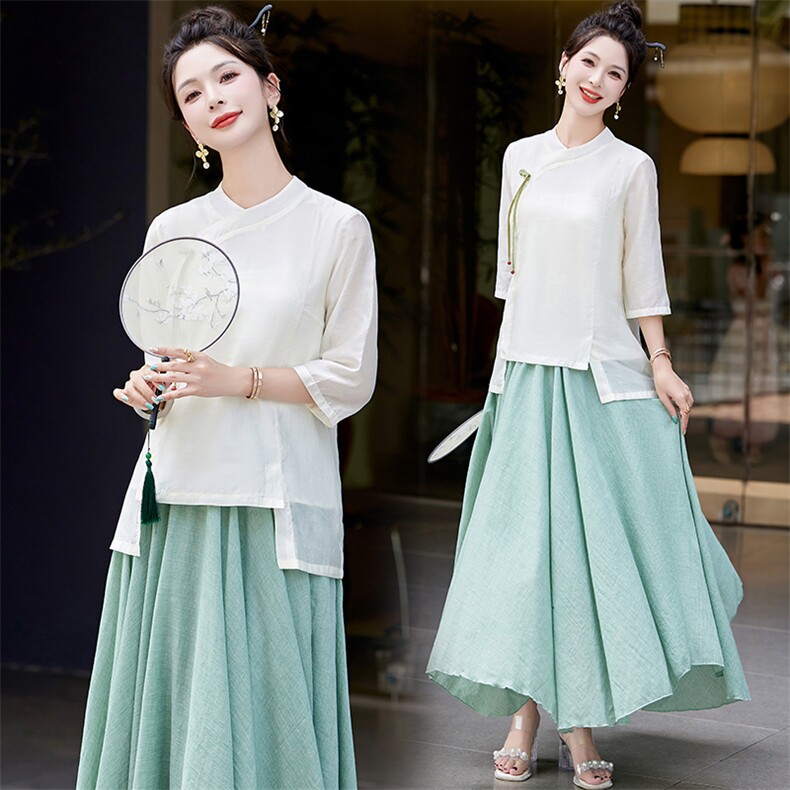 新中式套装女2025新款夏季民族风优雅宽松显瘦小衫阔腿裤两件套潮，女装套装/套裙，芷墨服饰