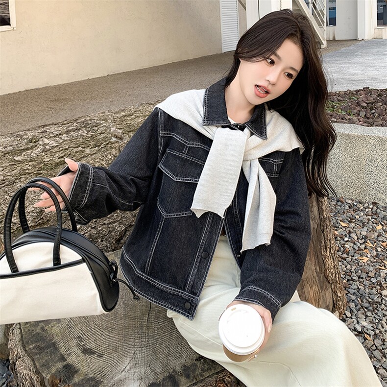 时尚女装牛仔外套加披肩设计黑牛兰牛两色可选百搭显瘦款,女装牛仔外套,鑫慧