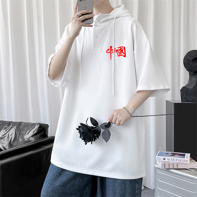LD54276-P45连帽短袖t恤男大码胖子带帽五分袖中袖,男装T恤,电商A040