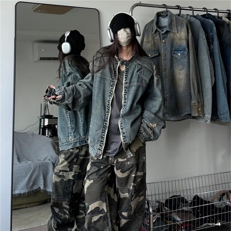 美拉德潮牌复古水洗做旧牛仔外套男女高街百搭浮雕异形机甲夹克,男装工装外套,星座601-2