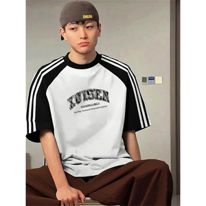 夏季美式高街重磅纯棉三条杠织带插肩撞色男女短袖T恤CZ105-特P25图片