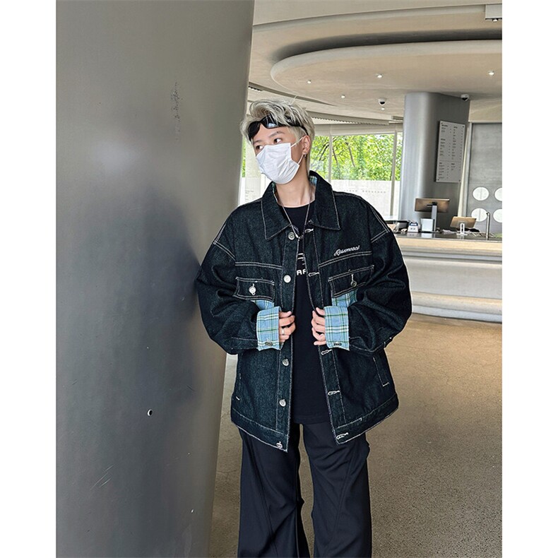美式复古水洗高街潮牌牛仔夹克男春秋季新款宽松休闲百搭格子外套,男装夹克,星座410-7