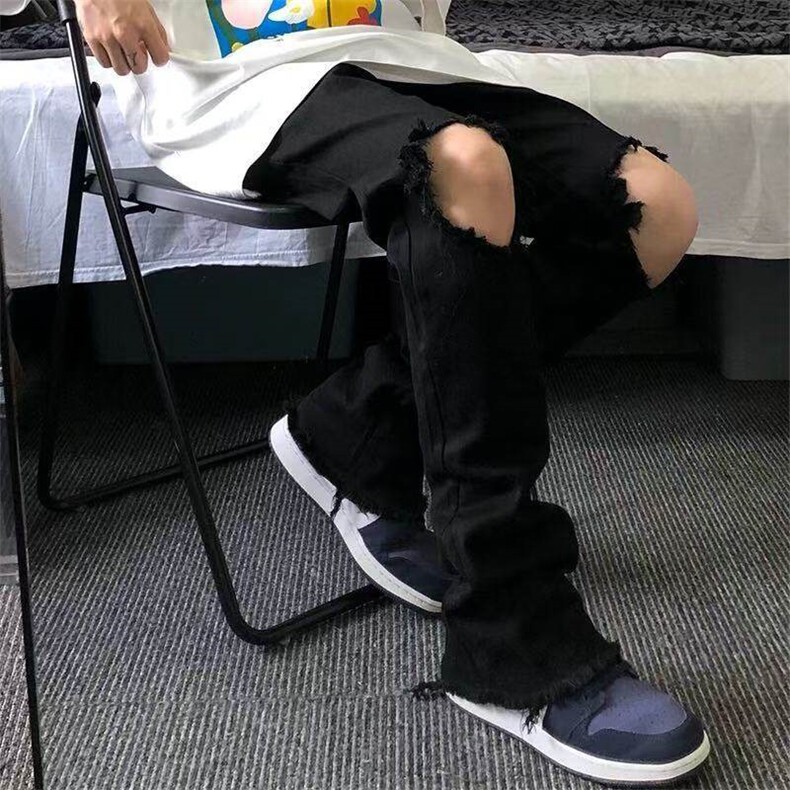网图高街水洗毛边拼接黑色破洞牛仔裤复古微喇牛仔长裤N630-P36图片