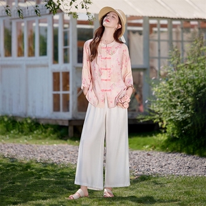 新中式天丝棉麻套装女2026夏季新款粉色印花盘扣衬衫阔腿裤两件套图片