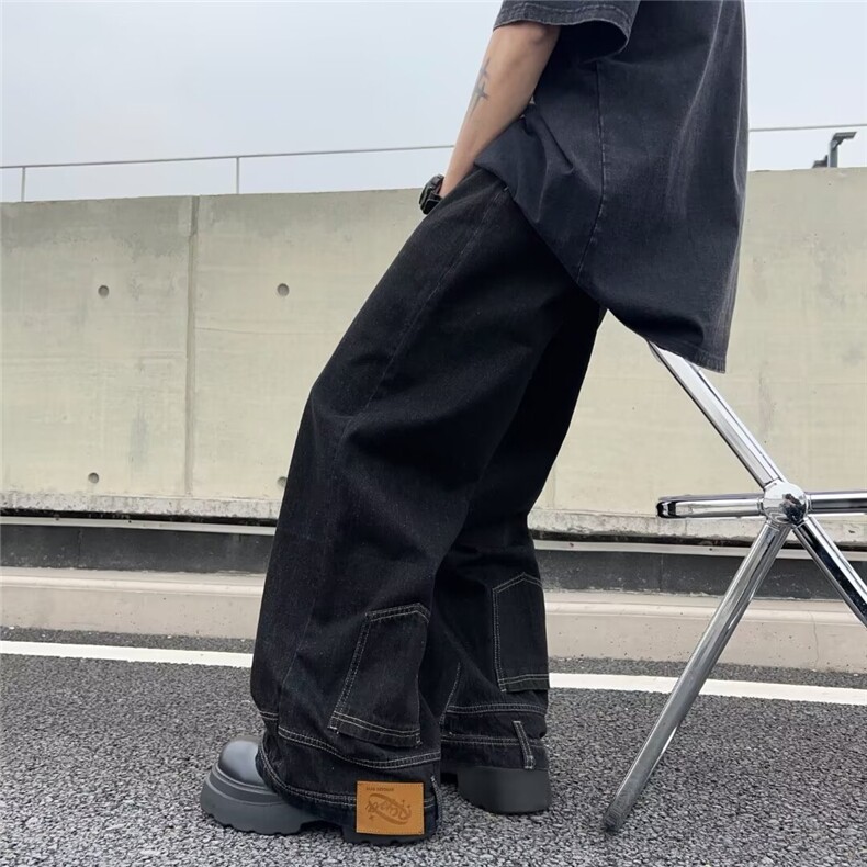 反穿主义设计感倒装牛仔裤男水洗浅色阔腿直筒裤子潮复古裤子,男装牛仔裤,星座1013