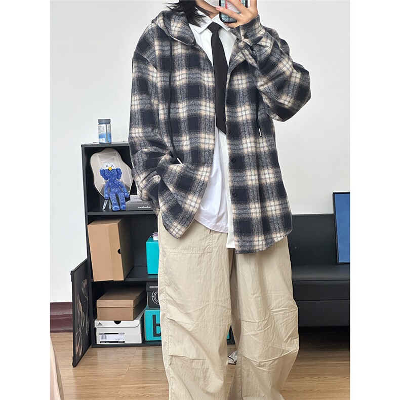 数据毛呢连帽格子衬衫磨毛中性加厚连帽衬衫外套CS069-P48,男装衬衫,星座301C-5