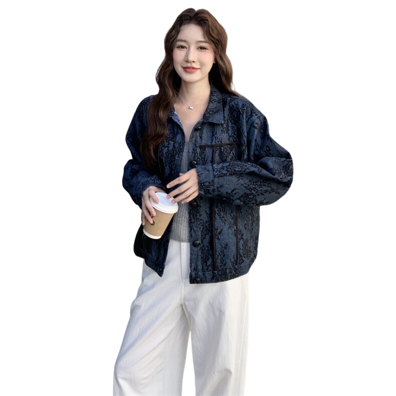 休闲蓝色碎花洋气百搭翻领短外套女春秋2025新款小个子夹克巨好看,女装短外套,2C057