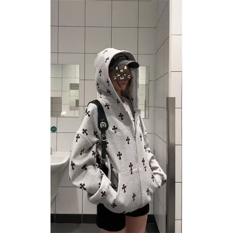 美式可爱趣味满印十字架连帽卫衣女秋冬季设计感情侣外套拉链开衫,女装短外套,星座1210-1