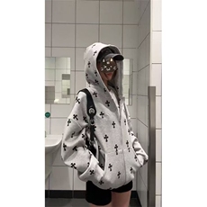 美式可爱趣味满印十字架连帽卫衣女秋冬季设计感情侣外套拉链开衫，女装短外套，星座1210-1