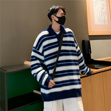 软糯翻领条纹毛衣秋冬美式复古学院风别针慵懒针织衫上衣YZ50-P60，男装针织衫/毛衣，星座1109-3