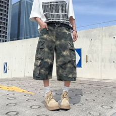 美式迷彩工装短裤男夏潮牌高街多口袋宽松阔腿七分裤子K6565-P57，男装牛仔裤，星座412-1